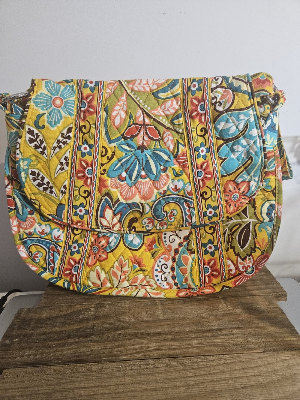 Vera Bradley Floral  Crossbody in Yellow with Teal and Coral Retired Pattern.